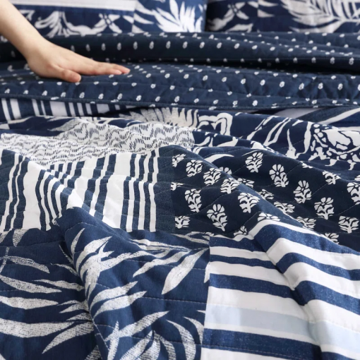 coastline avalon patchwork cotton reversible navy quilt set