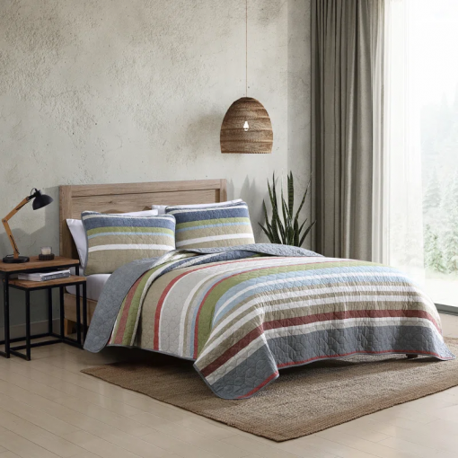salmon ladder stripe cotton reversible quilt set