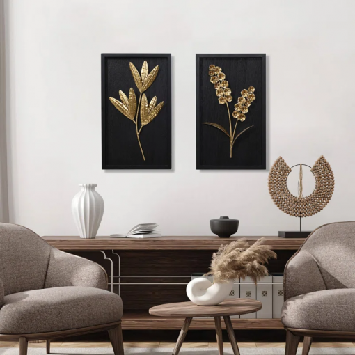 gold flowers and plants with black wood back and frame wall decor