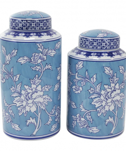 ceramic decorative jars with white floral patterns set