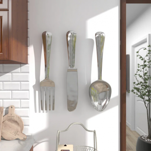 3 pieces aluminum knife, spoon and fork utensils wall decor
