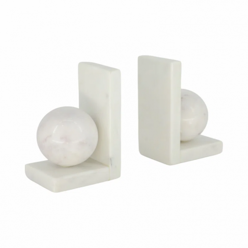 modern bookends in marble with 3" orb detail – decorative book ends for stylish home decor – office display accent for organizing books, bookshelf decor, and shelf decor – 6"