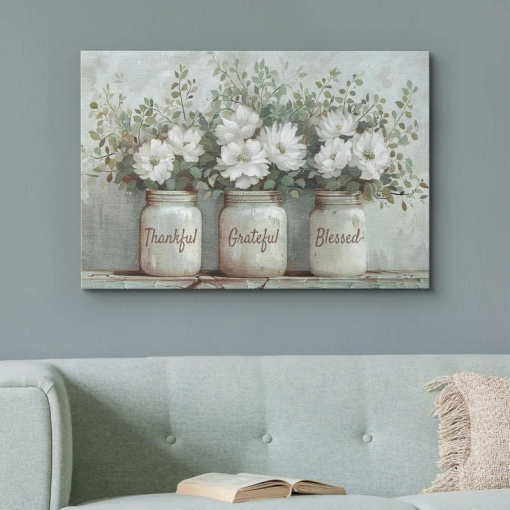 bottled plant thankful grateful blessed inspirational green floral rustic mason jar large canvas print wall art