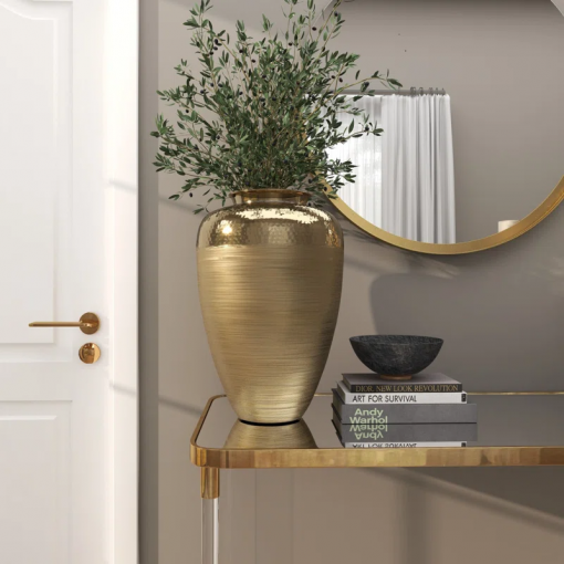 aluminum metal brushed decorative gold vase with hammered top