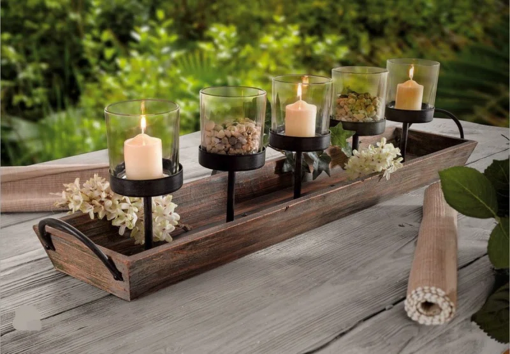 5 pillar candelabra centerpiece with glass cups and rustic wood tray