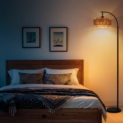 aarzo 69.6'' arched/arc rattan floor lamp with led light and remote control