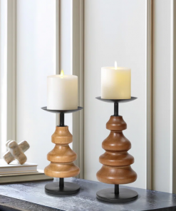 2 piece wood tabletop set with metal candle holders