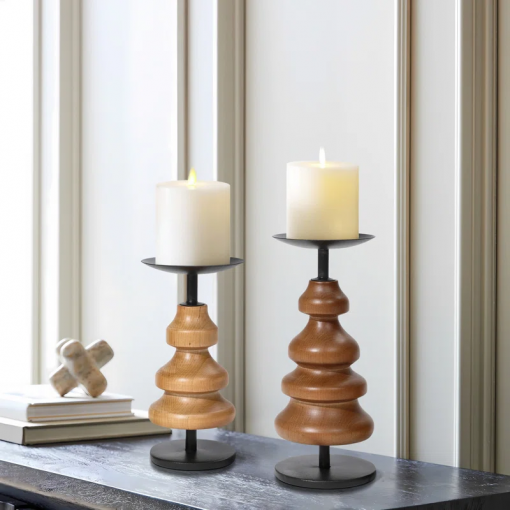 2 piece wood tabletop set with metal candle holders