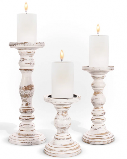 12'' handcrafted mango wood pillar candle holder set – rustic 3 piece set for led candles