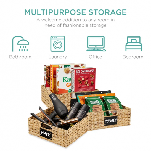 13in woven water hyacinth pantry baskets w/ chalkboard label, chalk marker