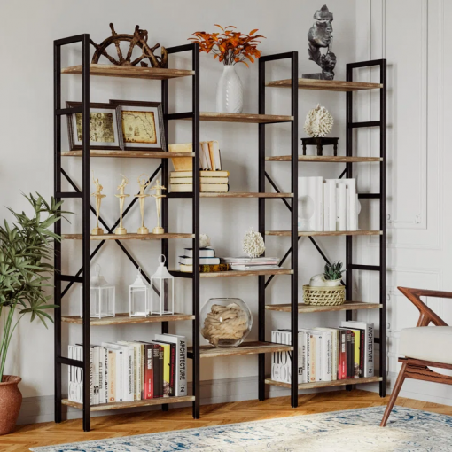 maziah bookcases and bookshelves triple wide 5 tiers industrial bookshelf, large etagere bookshelf open display shelves with metal frame for living room bedroom home office