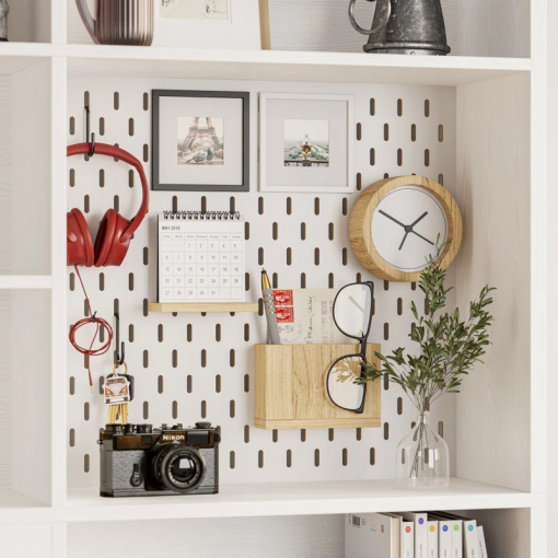 79" h x 55" w 8 cubby display book shelves with pegboard and deep drawer