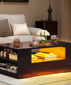 led high gloss finish coffee table with 2 drawers open shelves storage
