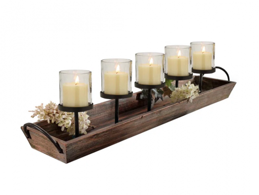 5 pillar candelabra centerpiece with glass cups and rustic wood tray