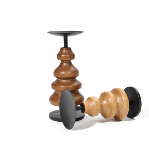 2 piece wood tabletop set with metal candle holders