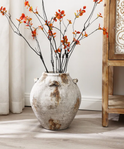 mottled brown and white terracotta 12 inch tall indoor and outdoor jug vase with handles