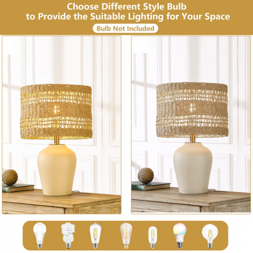 boho style ceramic rattan table lamp for living room/bedroom/entryway console/decorative supplements with rattan accent