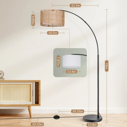 76'' rattan arched dimmable floor lamp with remote control and bulb included