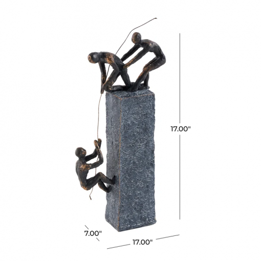 gray polystone people climbing decorative sculpture with bronze detailing, 7" x 3" x 17"