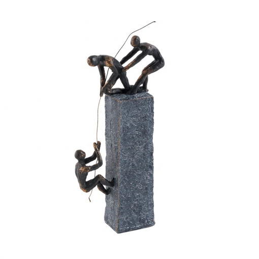 gray polystone people climbing decorative sculpture with bronze detailing, 7" x 3" x 17"