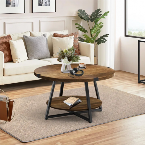 jahaira round coffee table with 2 tier storage shelves
