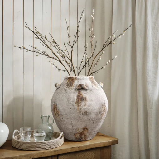mottled brown and white terracotta 12 inch tall indoor and outdoor jug vase with handles