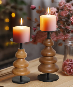 2 piece wood tabletop set with metal candle holders