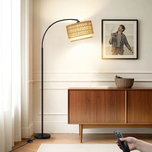 75" arched floor lamp with rattan shade and remote control