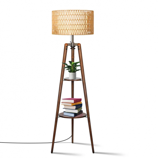 acklins 61" dimmable tripod floor lamp rattan linen dual lampshades, remote bulbs