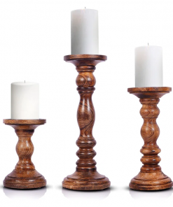 12'' handcrafted mango wood pillar candle holder set – rustic 3 piece set for led candles