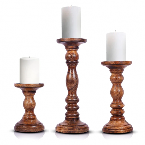 12'' handcrafted mango wood pillar candle holder set – rustic 3 piece set for led candles