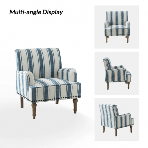 arching armchair with solid wood legs and nailhead trim