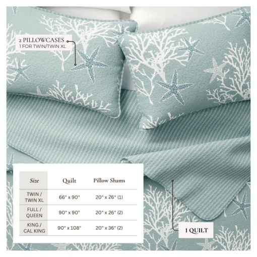 coral / starfish reversible coastal quilt set with shams