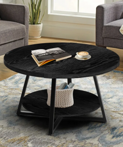 jahaira round coffee table with 2 tier storage shelves