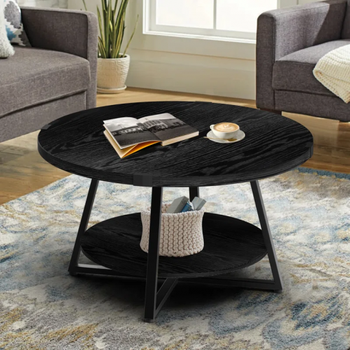 jahaira round coffee table with 2 tier storage shelves