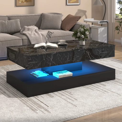 47.2" large lift top led modern high glossy coffee table with charging station