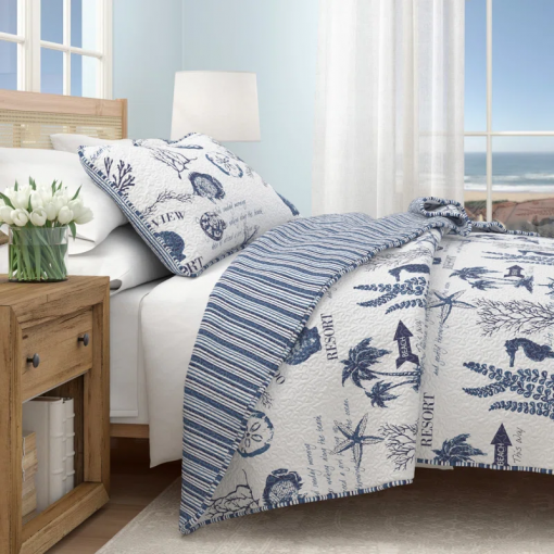 navy / white nautical reversible quilt set with shams
