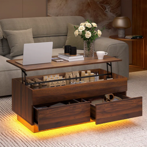 chappa lift top coffee table with multifunctional rgb led lights, hidden compartment and drawers