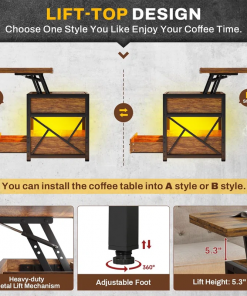 themistocles lift top wheel coffee table with drawers rgb led lights hidden compartment