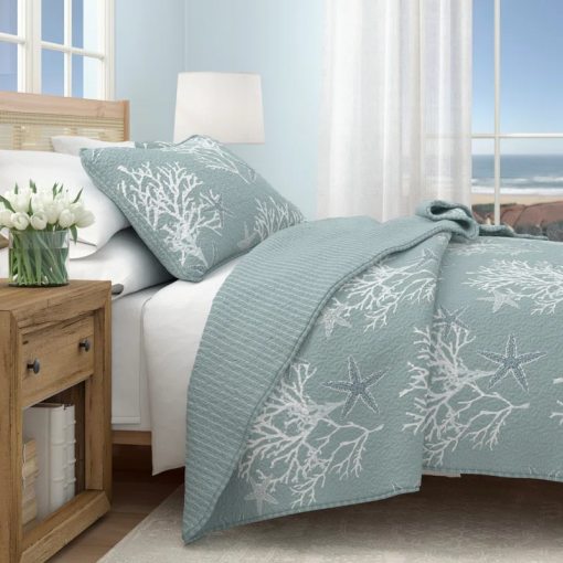 coral / starfish reversible coastal quilt set with shams