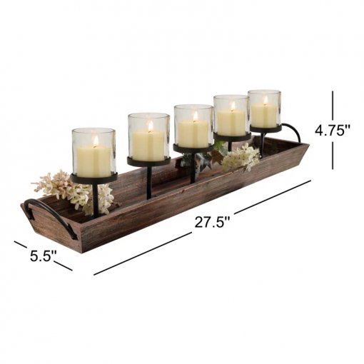 5 pillar candelabra centerpiece with glass cups and rustic wood tray