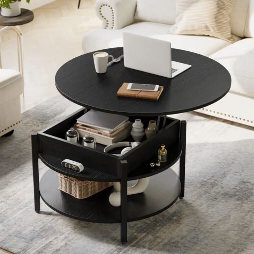 wynny 27"w round lift top wood coffee table with storage