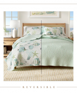 blue / green fish & seashell quilt set with shams