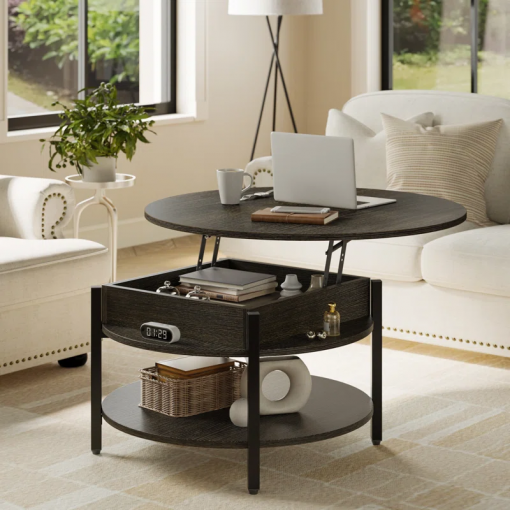 wynny 27"w round lift top wood coffee table with storage