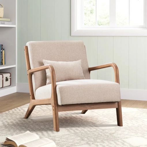 hertford 26" wide mid century upholstered solid wood accent chair with an extra pillow