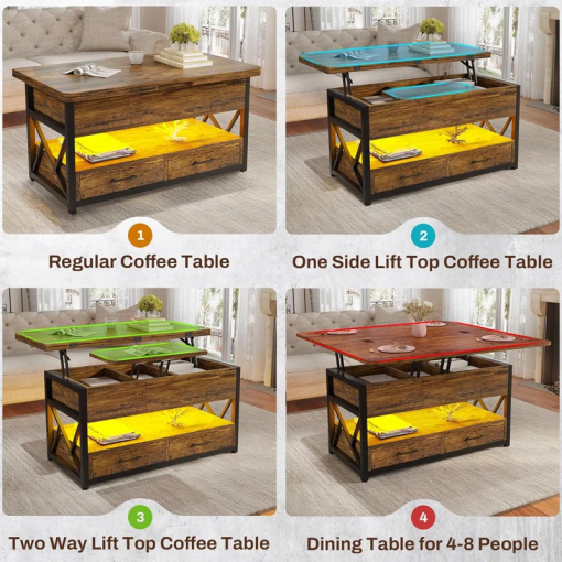 themistocles lift top wheel coffee table with drawers rgb led lights hidden compartment