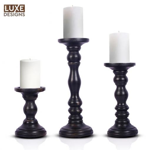 12'' handcrafted mango wood pillar candle holder set – rustic 3 piece set for led candles