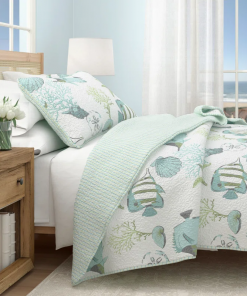 blue / green fish & seashell quilt set with shams