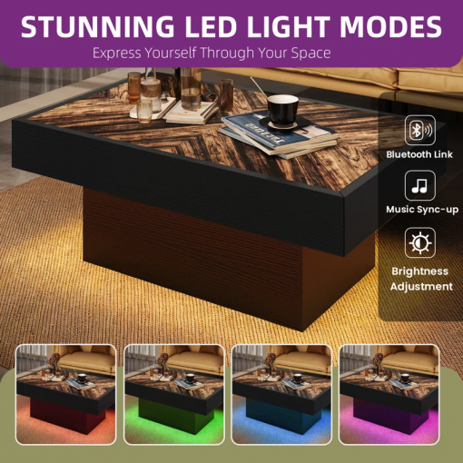 pedestal coffee table with 2 drawers, led coffee table with music sync