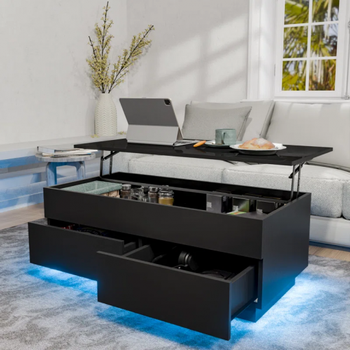 chappa lift top coffee table with multifunctional rgb led lights, hidden compartment and drawers